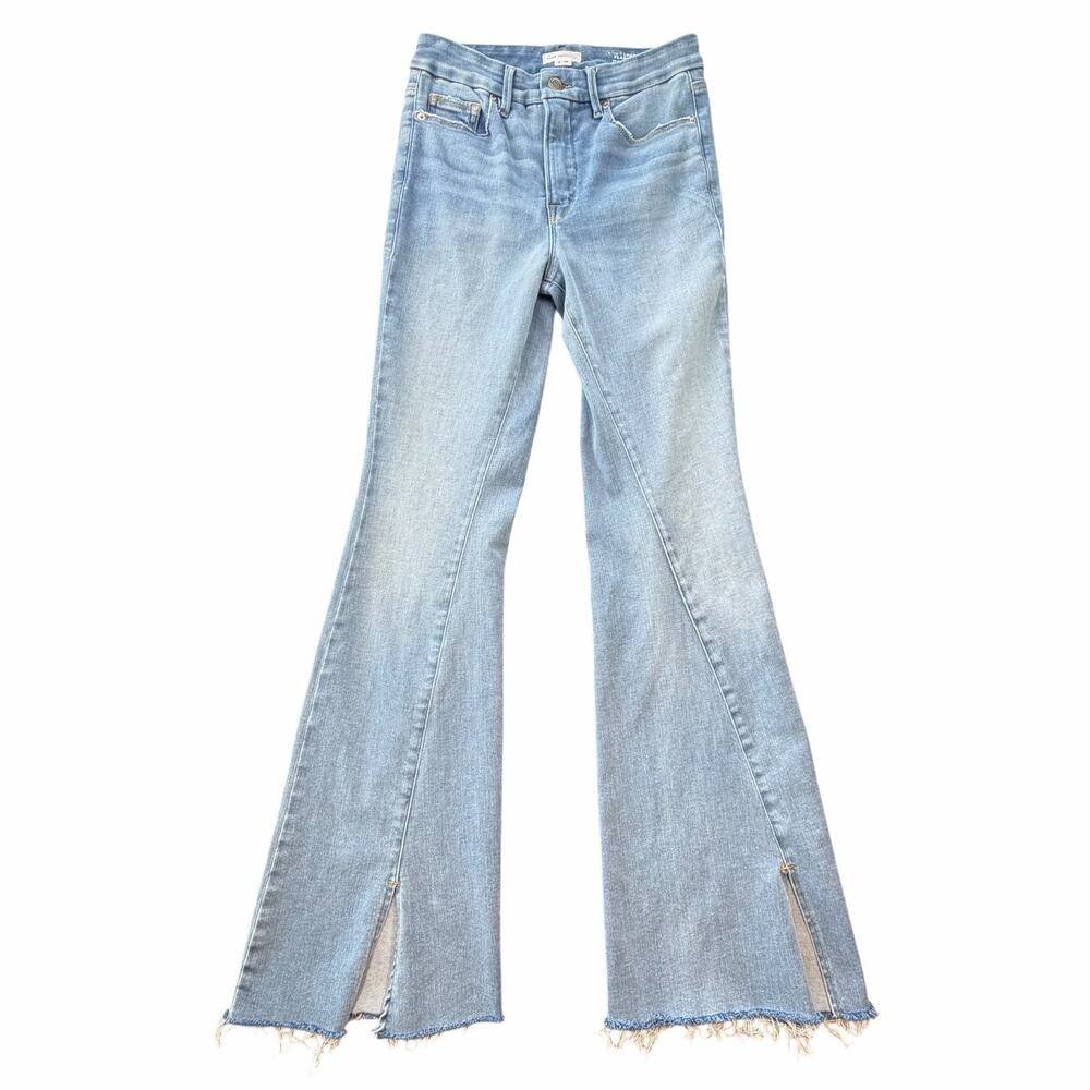Good American Flare Mid Rise Light Wash Raw Split Hem Stretch Boho Denim Jeans